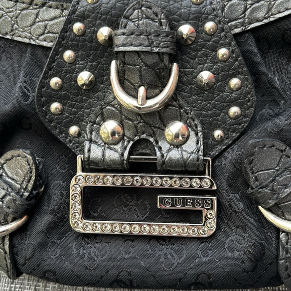 Vintage Guess Black Logo Canvas Studded & Buckled Small Single Handle Y2k Bag - Picture 3 of 9